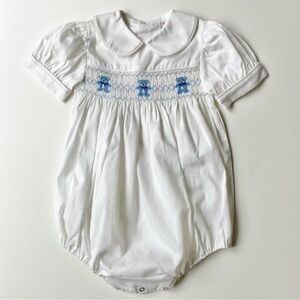 Vintage White Baby Onesie with Blue Teddy Bear Embroidery Size 6 M